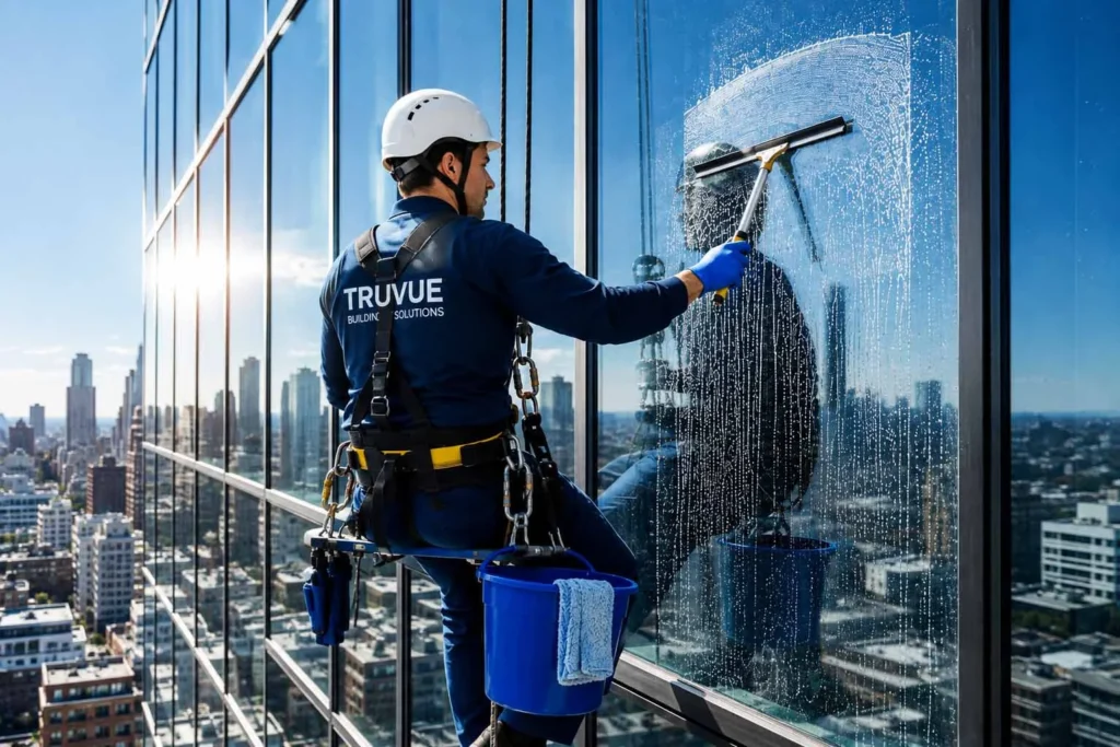 Clean windows on a commercial building serviced by Tru Vue in the GTA