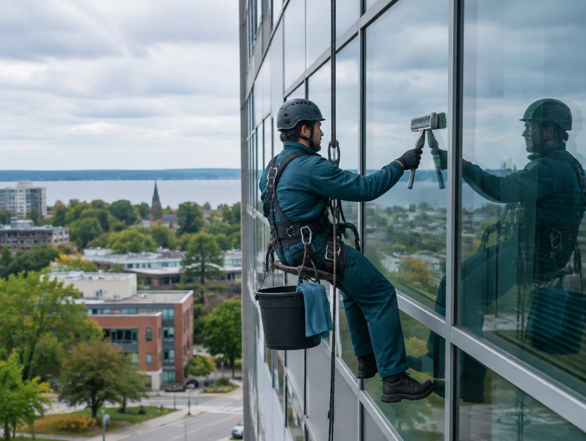 Window cleaning technician on rope access cleaning the glass of a mid-rise commercial building in Barrie, Ontario