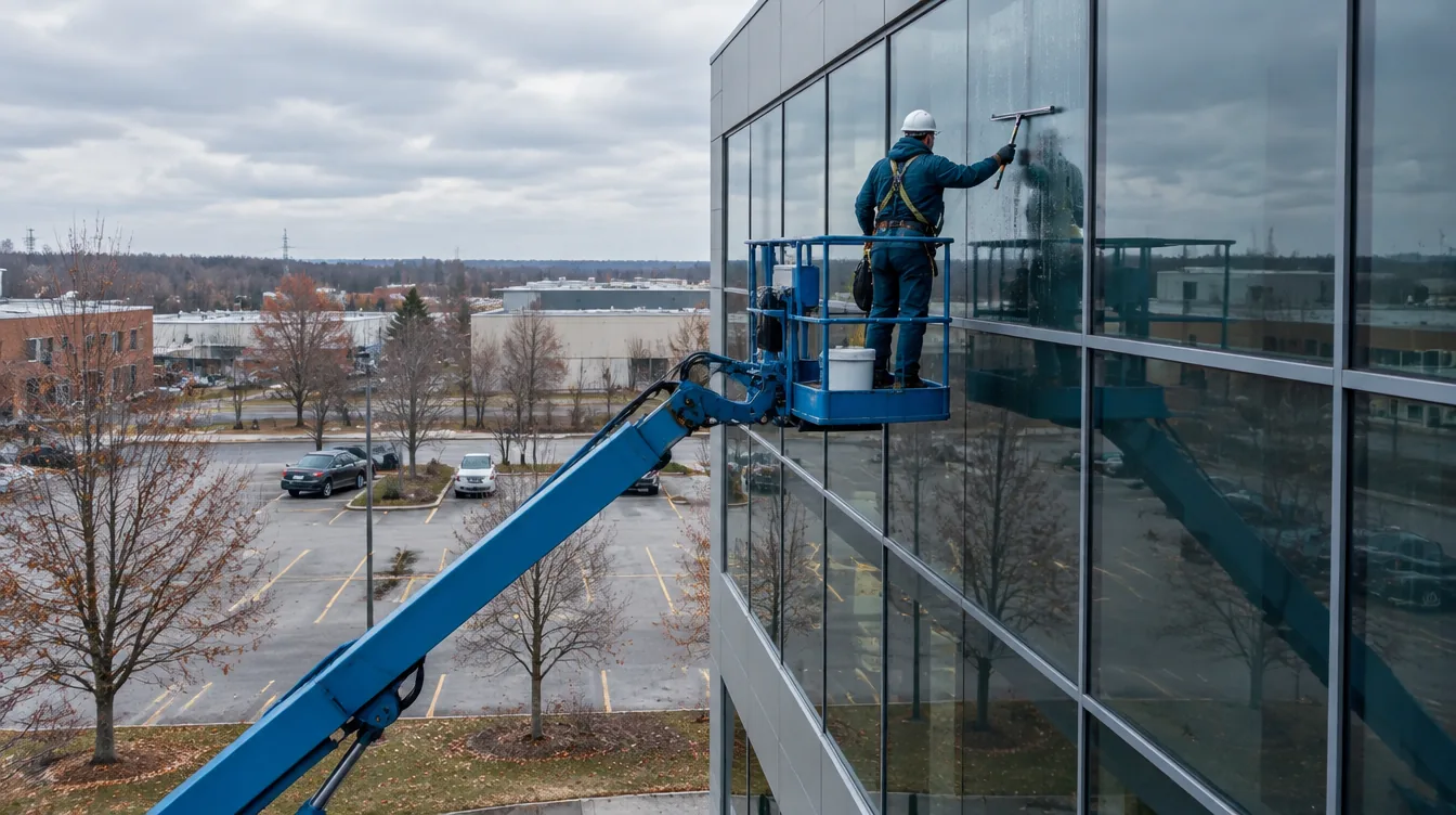 Aerial lift positioned against a mid-rise commercial building for upper-floor window cleaning