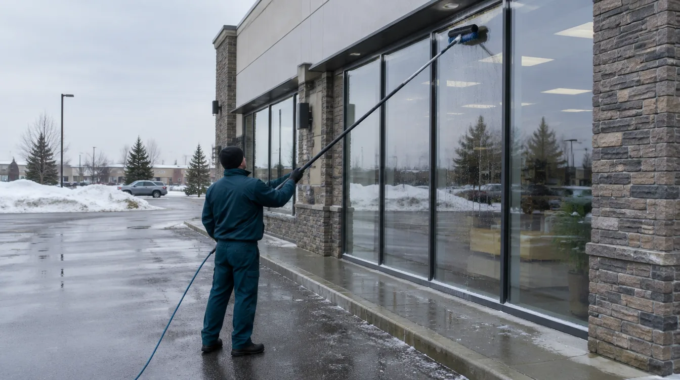 Technician using a water-fed pole to clean retail storefront glass on a winter morning