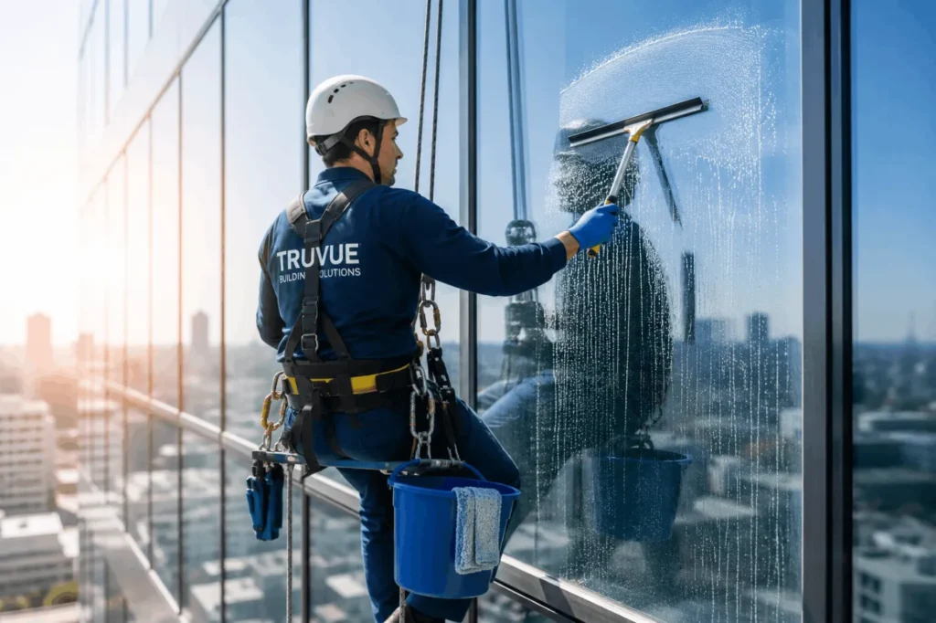 Window cleaning technician at work on a Toronto building
